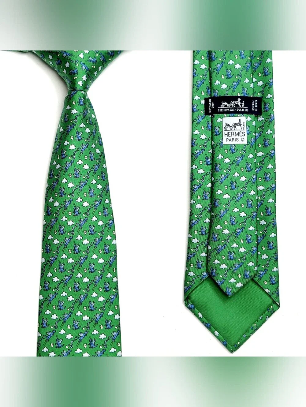 Hermès Paris Green Silk Tie with Blue & White Floral Motif